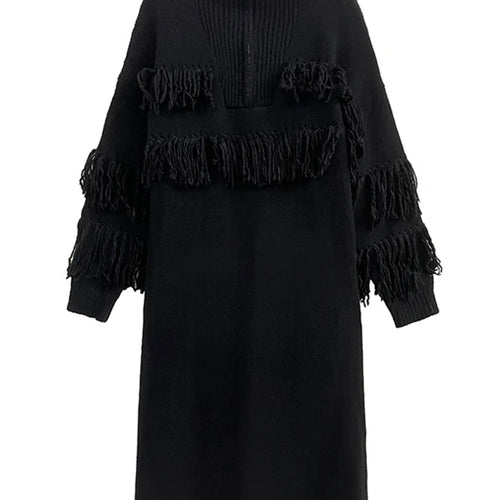 Load image into Gallery viewer, Women Black Tassels Knitting Big Size Midi Dress New Turtleneck Long Sleeve Loose Fit Fashion Spring Autumn 2025 1DH1601

