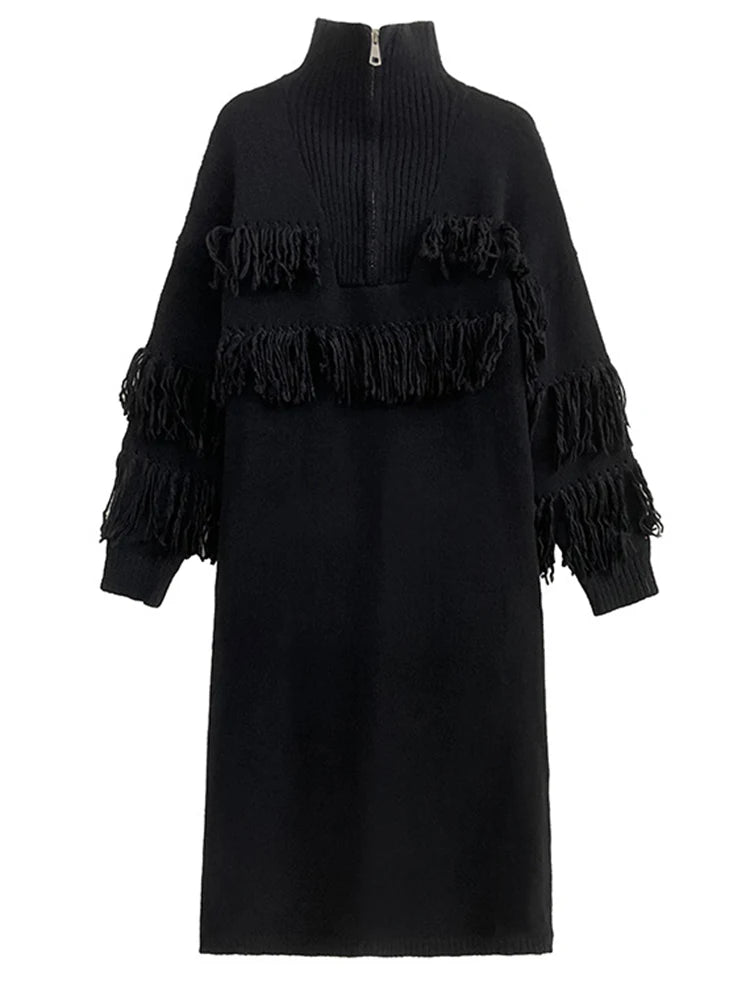 Women Black Tassels Knitting Big Size Midi Dress New Turtleneck Long Sleeve Loose Fit Fashion Spring Autumn 2025 1DH1601