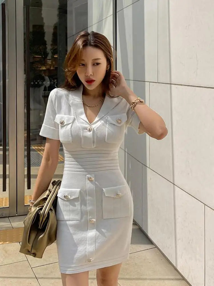 Spring French Fashion White Festival Button Slim Short Sleeve Dress Women Office Wrap Hip Knit Mini Dress Popular Simplicity New