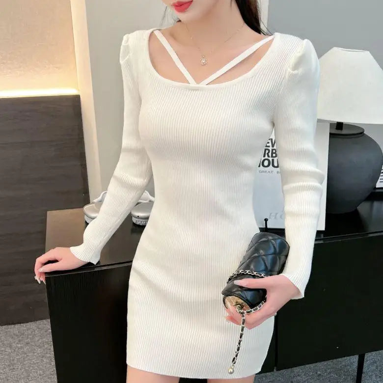 French Fashion Women Black Elegant Festival Hollow Out Knit Dress Autumn White Long Sleeve Slim Wrap Hip Short Dress Ladies Chic