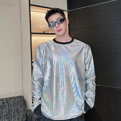 Load image into Gallery viewer, Korean Men&#39;s Round Collar T-shirt Fashion Bright Face Design Plaid Trend Long Sleeve T-shirts Pullover Top Trend 9C5122
