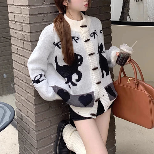 Load image into Gallery viewer, Vintage Striped Cartoon Jacquard Loose Cardigan Harajuku Stand Neck Horn Toggle Button Sweaters Y2k Aesthetic Knitted Cardigans
