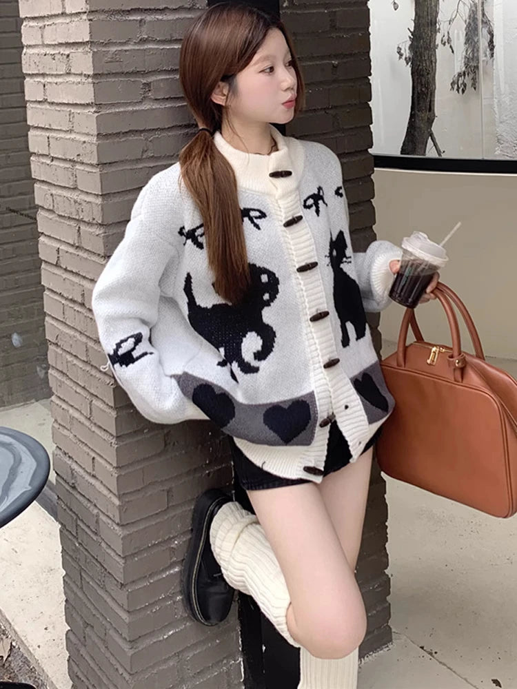 Vintage Striped Cartoon Jacquard Loose Cardigan Harajuku Stand Neck Horn Toggle Button Sweaters Y2k Aesthetic Knitted Cardigans