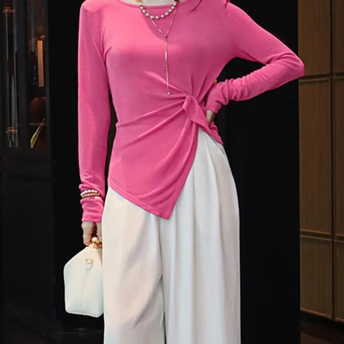 Load image into Gallery viewer, Solid Spliced Folds Slimming T Shirts For Women O Neck Long Sleeve High Waist Temperament T Shirt Female Fashion
