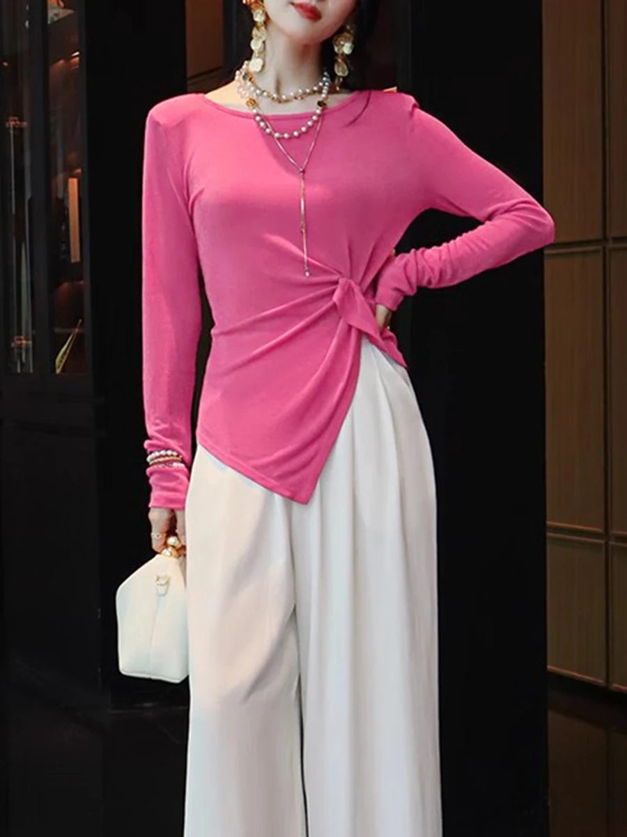 Solid Spliced Folds Slimming T Shirts For Women O Neck Long Sleeve High Waist Temperament T Shirt Female Fashion