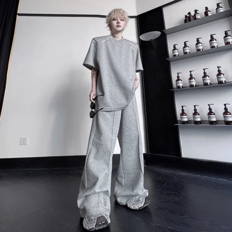 Men's Pants Set New Summer Handmade Nail Diamond Style Short Sleeve T-shirt Wide Leg Casual Pants Menwear Male Suit 9W1503