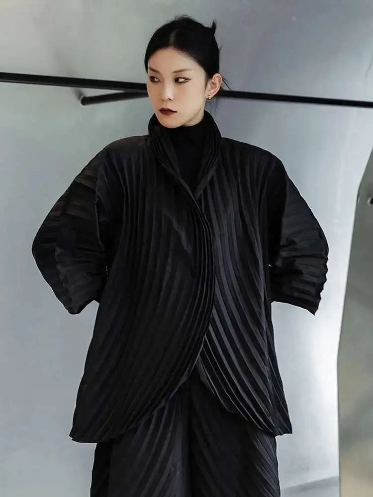 Wide Leg Pants Pleated Two Piece Suit New Turtleneck Long Sleeve Black Loose Fit Women Fashion Spring Autumn 2025 1DE3064