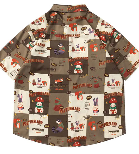 Summer Harajuku Shirts Harajuku Cartoon Graphic Printed Button Up Beach Blouse Streetwear Men Casual Baggy Short Sleeve Tops