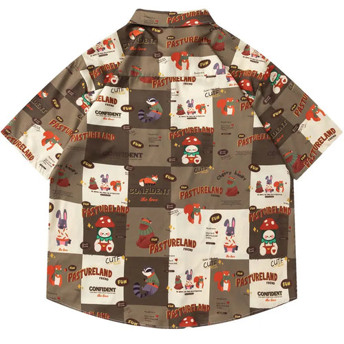 Summer Harajuku Shirts Harajuku Cartoon Graphic Printed Button Up Beach Blouse Streetwear Men Casual Baggy Short Sleeve Tops