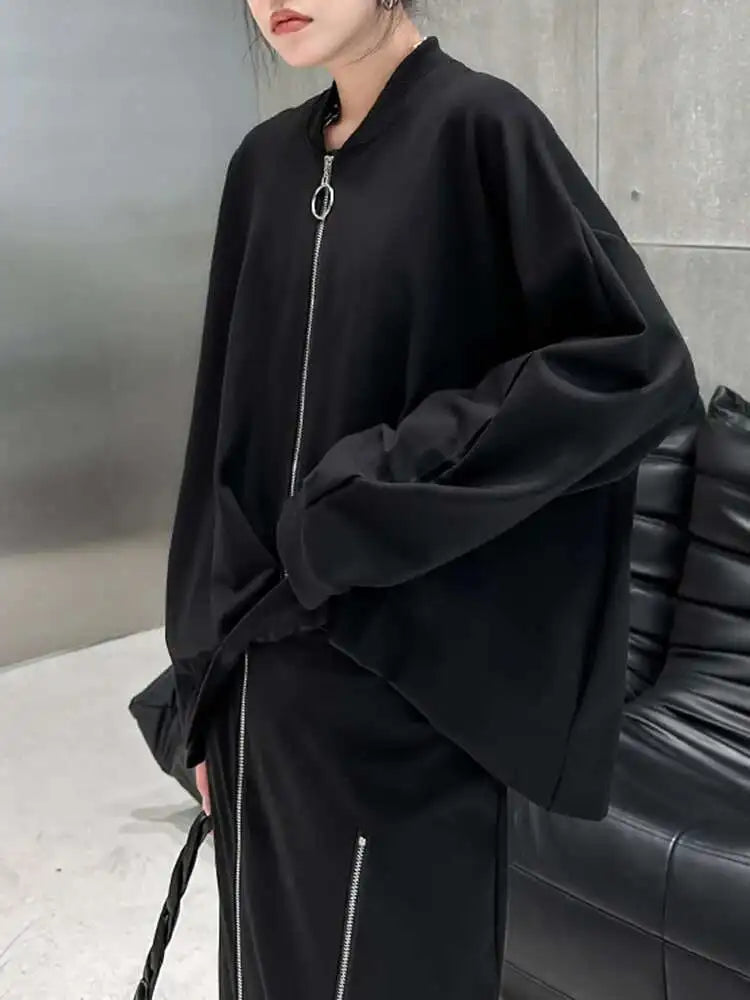 Black Irregular Hem Big Size Jacket New Stand Collar Long Sleeve Women Coat Fashion Tide Spring Autumn 2025 1DH1050