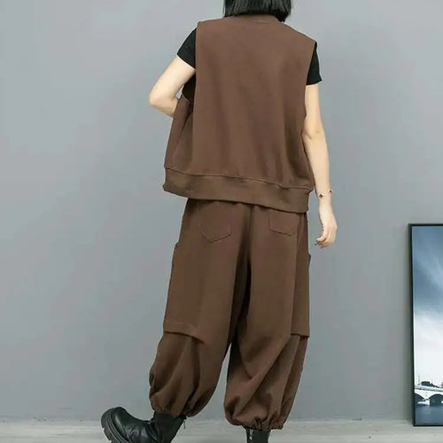 Load image into Gallery viewer, Big Size Coffee Vest Wide Leg Pants Two Piece Suit New V-Neck Sleeveless Women Fashion Tide Spring Autumn 2025 1DH8108
