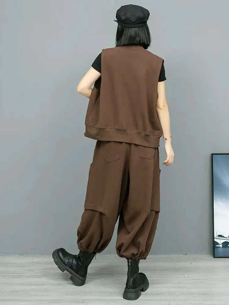 Big Size Coffee Vest Wide Leg Pants Two Piece Suit New V-Neck Sleeveless Women Fashion Tide Spring Autumn 2025 1DH8108