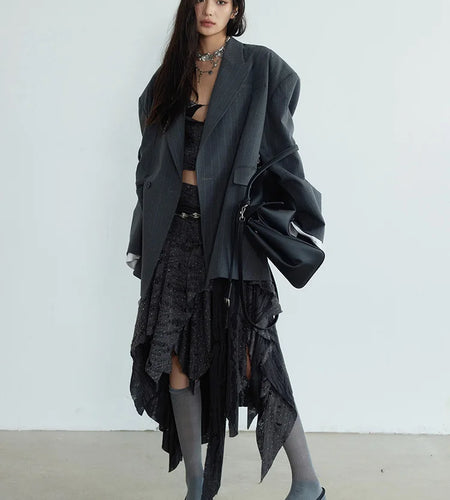 Women Gray Striped Shaped Big Size Elegant Blazer New Lapel Long Sleeve Jacket Fashion Tide Spring Autumn 2025 1DH7077