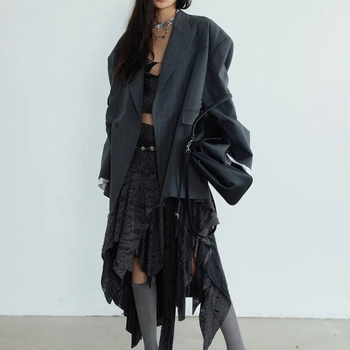 Load image into Gallery viewer, Women Gray Striped Shaped Big Size Elegant Blazer New Lapel Long Sleeve Jacket Fashion Tide Spring Autumn 2025 1DH7077
