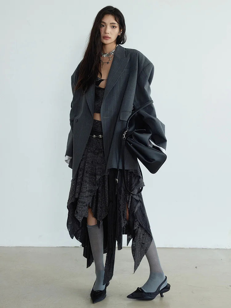 Women Gray Striped Shaped Big Size Elegant Blazer New Lapel Long Sleeve Jacket Fashion Tide Spring Autumn 2025 1DH7077