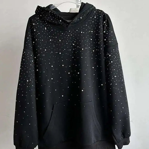 Load image into Gallery viewer, Black Rhinestones Shining Thick Sweatshirt New Hooded Long Sleeve Women Big Size Fashion Tide Spring Autumn 2025 1DJ0096
