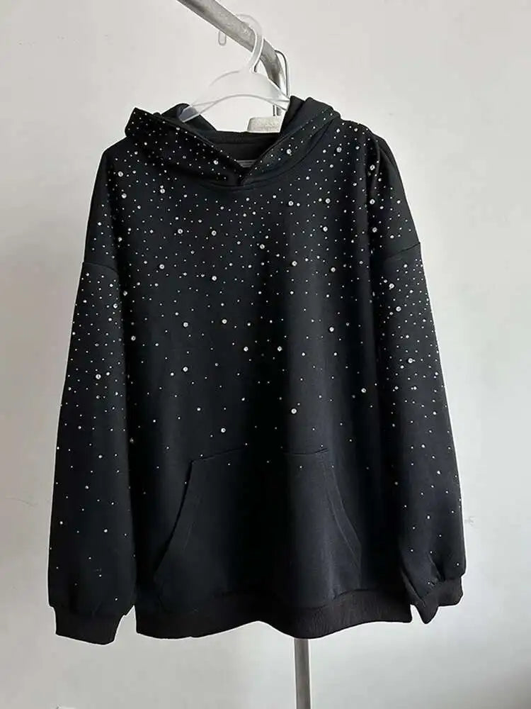 Black Rhinestones Shining Thick Sweatshirt New Hooded Long Sleeve Women Big Size Fashion Tide Spring Autumn 2025 1DJ0096