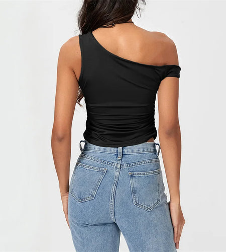 y2k Crop Tops 2000s Clothing Women Solid Color Oblique Shoulder Sleeveless T Shirt Aesthetic Clothes Summer Streetwear