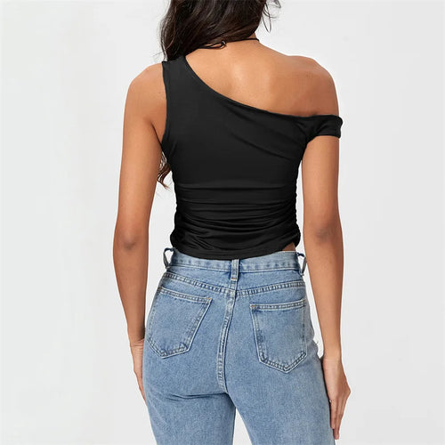 Load image into Gallery viewer, y2k Crop Tops 2000s Clothing Women Solid Color Oblique Shoulder Sleeveless T Shirt Aesthetic Clothes Summer Streetwear
