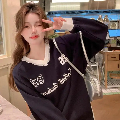 Load image into Gallery viewer, Autumn Winter 2025 Blue Patchwork Elegant Pullover Fashion Short Sweatshirt Women Pink Letter Print V Neck Long Sleeve Tops Chic
