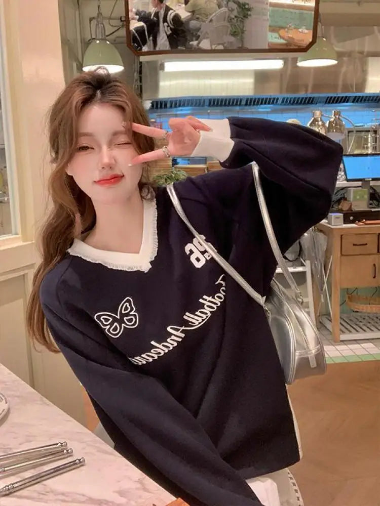 Autumn Winter 2025 Blue Patchwork Elegant Pullover Fashion Short Sweatshirt Women Pink Letter Print V Neck Long Sleeve Tops Chic