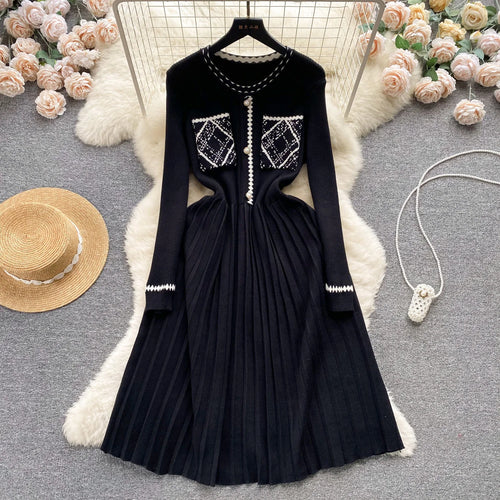 Load image into Gallery viewer, Beige Patchwork Knit Sweater Long Dress Woman Clothes Casual Autumn Winter Korean Slim Long Sleeve Elegant Black Pleated Dresses
