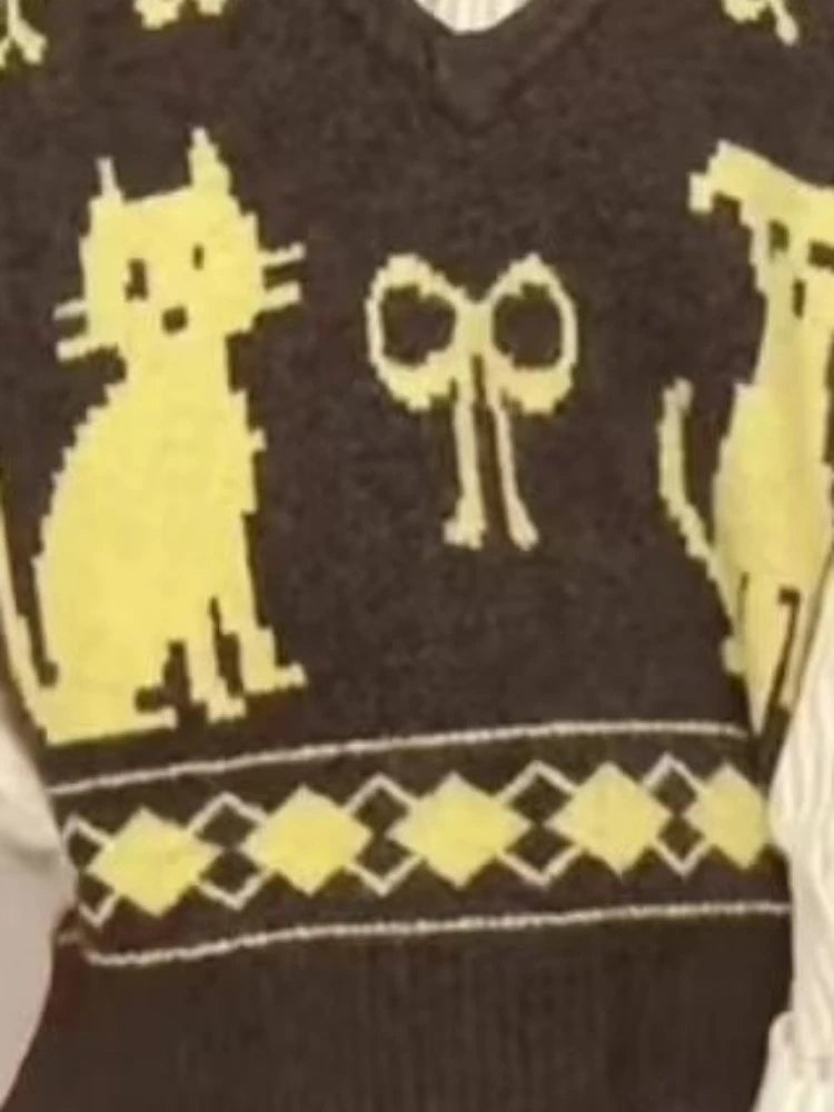 Preppy Style Sleeveless Sweater Vest Casual Vintage V-neck Pullovers Y2k Aesthetic Women Streetwear Cartoon Knitwear Waistcoat