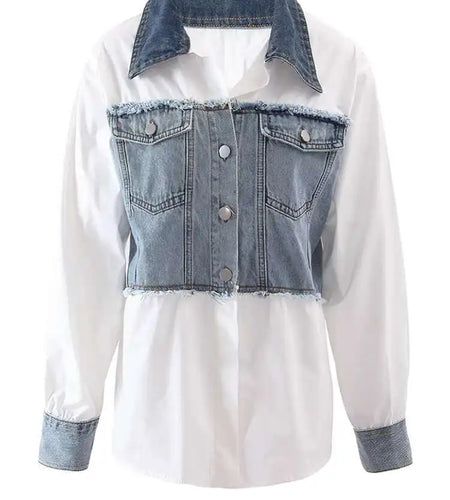Women White Denim Color-block Big Size Elegant Blouse New Lapel Long Sleeve Shirt Fashion Tide Spring Autumn 2025 CPDB122