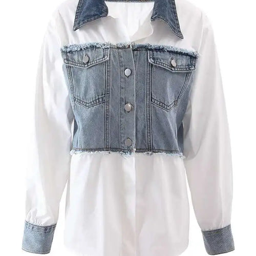 Load image into Gallery viewer, Women White Denim Color-block Big Size Elegant Blouse New Lapel Long Sleeve Shirt Fashion Tide Spring Autumn 2025 CPDB122
