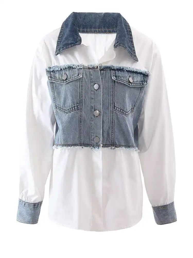 Women White Denim Color-block Big Size Elegant Blouse New Lapel Long Sleeve Shirt Fashion Tide Spring Autumn 2025 CPDB122
