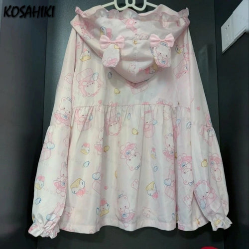 Load image into Gallery viewer, Japanese Sun Protection Cartoon Print Jackets Women Y2k Aesthetic Grunge Bear's Ear Hooded Coat Casual Loose Zipper Femme Tops
