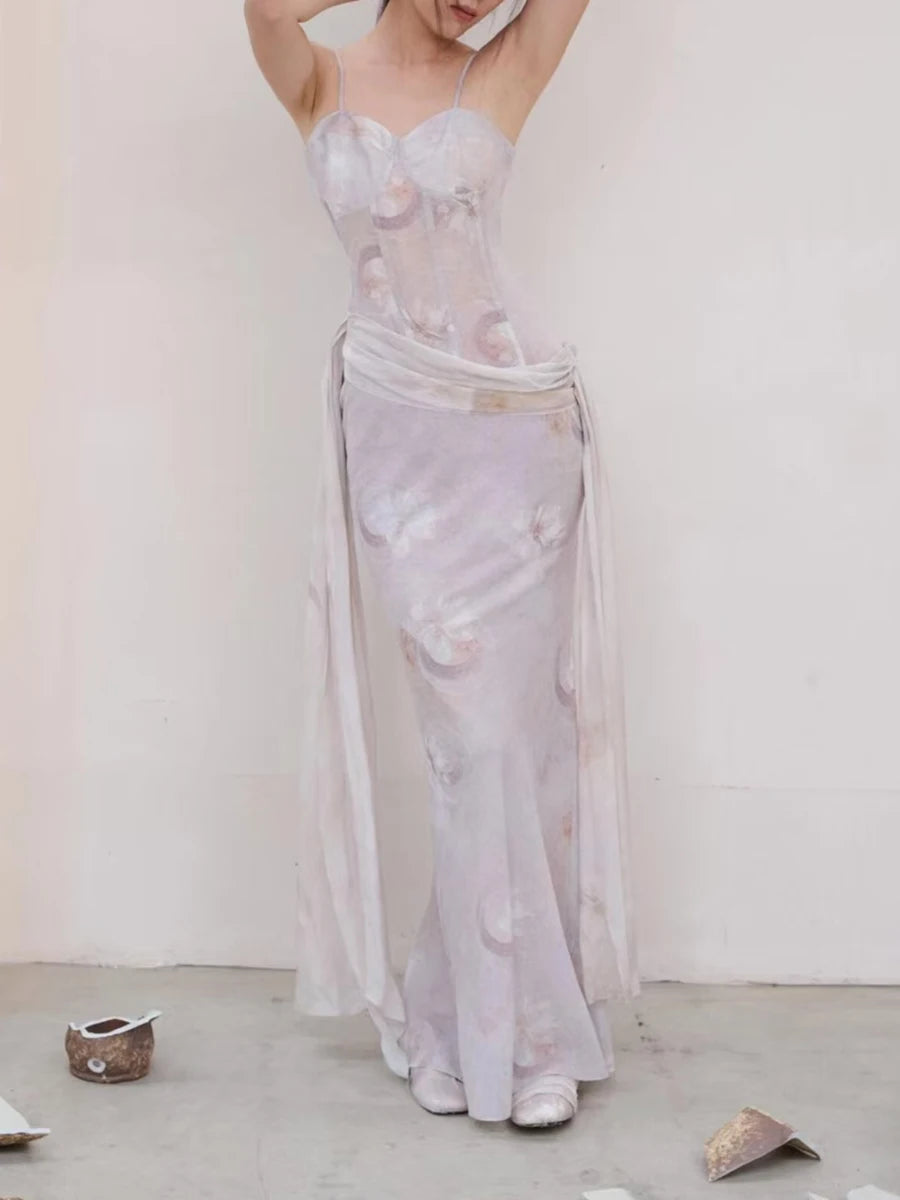 Slimming Printing Spliced Lace Up Elegant Dresses for Women Square Neck Sleeveless Tunic Dress Female Clothing New