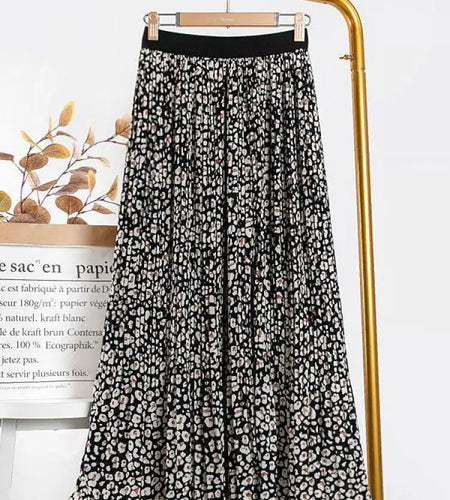 Woman Elegant Pleated Skirt 2023 Summer New Vintage Leopard Print Slim Versatile High Waist Female A-line Skirts Korean Fashion