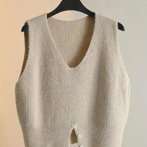Load image into Gallery viewer, Women Solid V Neck New Holiday Loose Sleeveless Short Sweater Vest Autumn Winter Casual Versatile Split Knit Tank Tops Fashion
