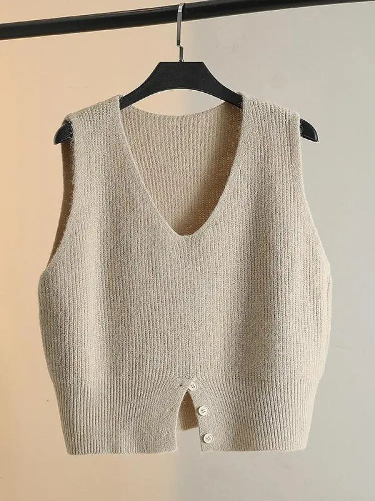Women Solid V Neck New Holiday Loose Sleeveless Short Sweater Vest Autumn Winter Casual Versatile Split Knit Tank Tops Fashion