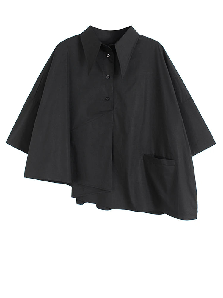 Women White Pleated Irregular Big Size Blouse New Lapel Three-quarter Sleeve Shirt Fashion Tide Spring Autumn 2025 1DH9796