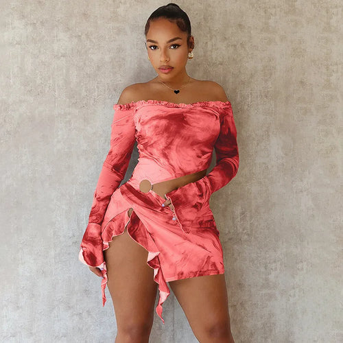 Load image into Gallery viewer, Hollow Out Print Sexy Mini Dress For Women Autumn New Off-shoulder Long Sleeve Bodycon Ruffled Slit Sexy Dress New
