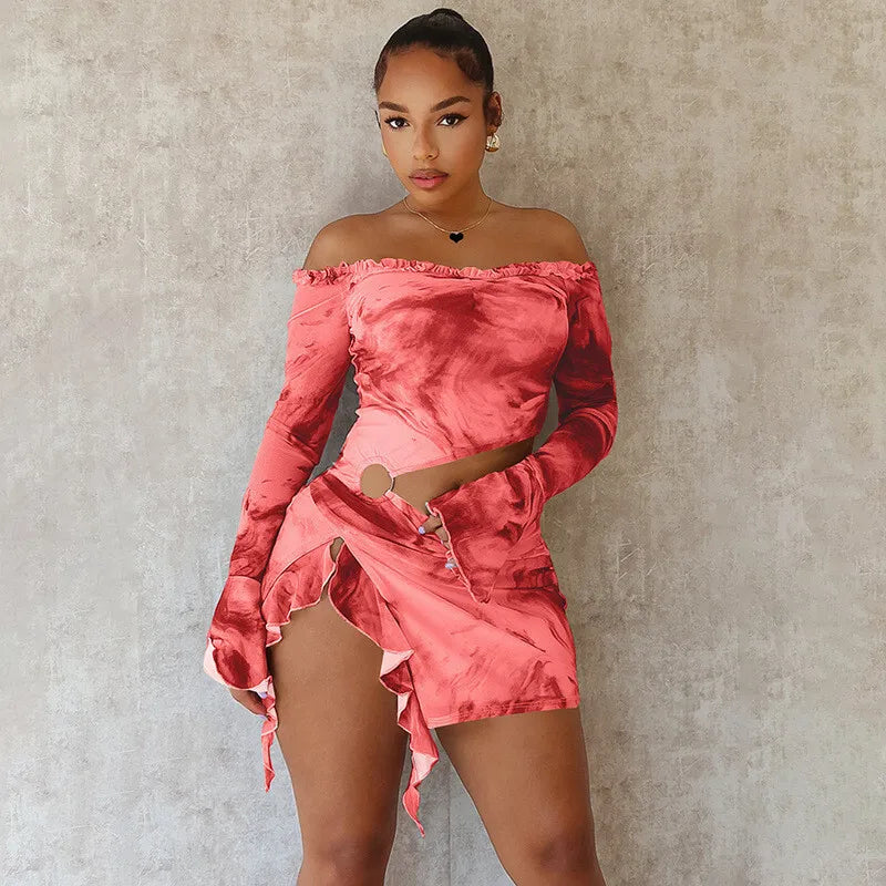 Hollow Out Print Sexy Mini Dress For Women Autumn New Off-shoulder Long Sleeve Bodycon Ruffled Slit Sexy Dress New