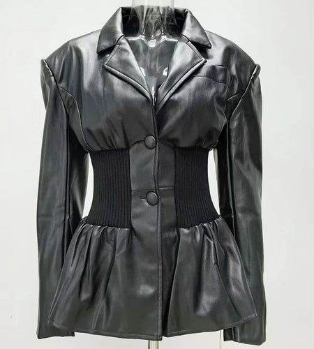 Black Pu Leather Elastic Waist Big Size Jacket New Lapel Long Sleeve Women Coat Fashion Tide Spring Autumn 2025 1DF3853