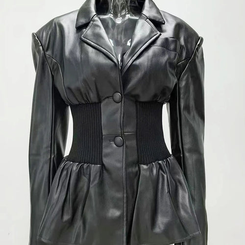 Load image into Gallery viewer, Black Pu Leather Elastic Waist Big Size Jacket New Lapel Long Sleeve Women Coat Fashion Tide Spring Autumn 2025 1DF3853
