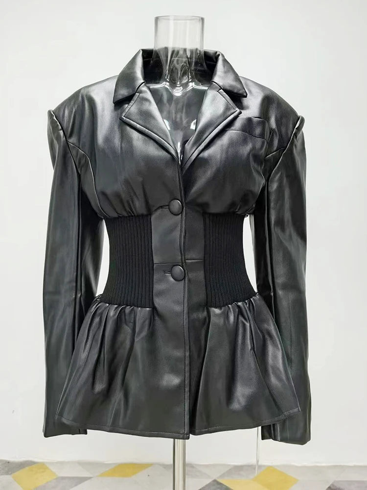 Black Pu Leather Elastic Waist Big Size Jacket New Lapel Long Sleeve Women Coat Fashion Tide Spring Autumn 2025 1DF3853