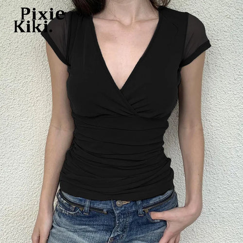 Load image into Gallery viewer, Sheer Mesh Patchwork Short Sleeve V Neck Tops for Women Summer Clothes 2024 Casual Basic Black T Shirts P77-BF11
