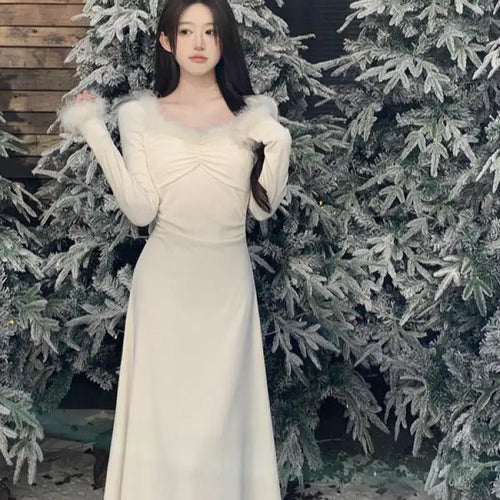 Load image into Gallery viewer, Vintage 2024 Autumn Winter White Elegant Party Dress Korean Fashion Woman Long Sleeve Hairy Square Neck Pleated Dress Slim Trend
