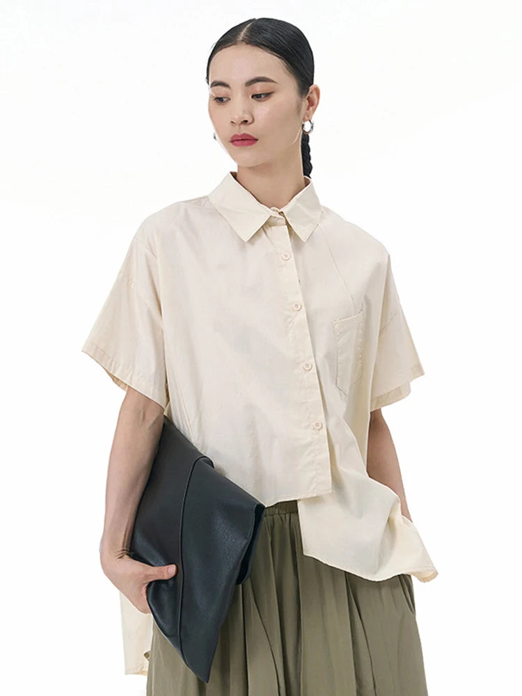 Women Apricot Irregular Hem Big Size Casual Blouse New Lapel Short Sleeve Shirt Fashion Tide Spring Summer 2025 1DJ1503