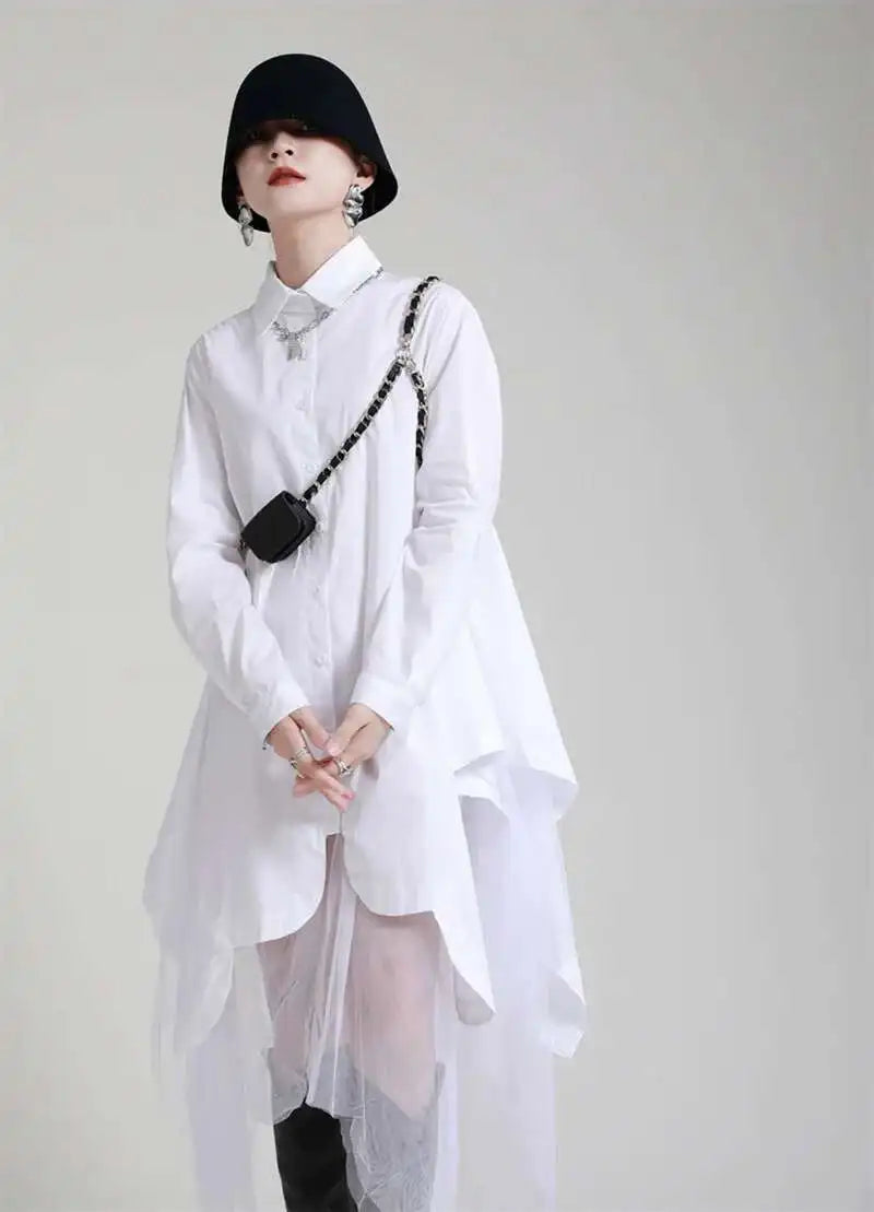 Women Black Irregular Hem Big Size Shirt Dress New Lapel Long Sleeve Loose Fit Fashion Tide Spring Autumn 2025 1DE2485