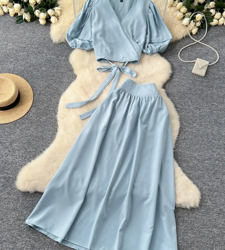 Summer Women's Solid Elegant V-neck Short Sleeved Bow Bandage Top And High Waist Pleated Long Skirt French Two-piece Set Popular