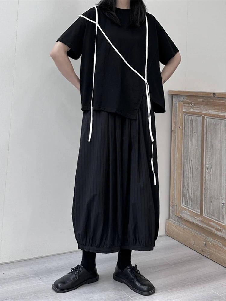 Women White Ribbon Color-block Big Size Casual T-shirt New Round Neck Short Sleeve Fashion Tide Spring Summer 2025 1DJ1675