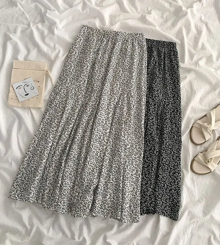 Spring Summer New Black Beige Print Elegant Vacation Party Pleated Skirt Women French Fashion Elastic High Waist Long Skirt Boho