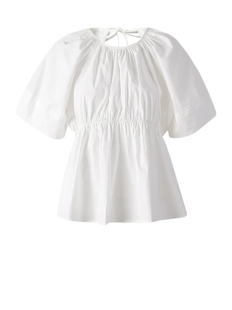 Women Yellow Backless Bandage Big Size Blouse New Round Neck Short Sleeve Shirt Fashion Tide Spring Summer 2025 CPG3248