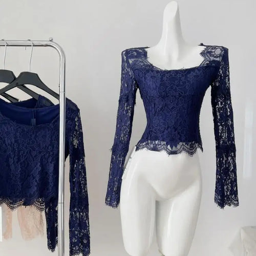 Load image into Gallery viewer, Autumn Blue Lace Square Neck Elegant Slim T Shirt Women's New Vintage Pink Long Sleeves Vacation Short Tops Simplicity Clothing
